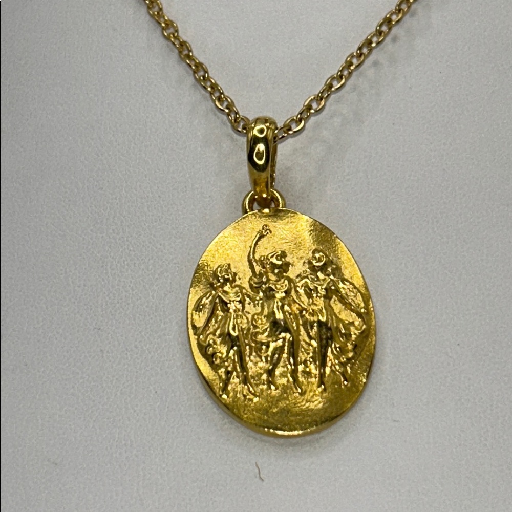 NWOT Designer Gold Plated Bronze 3 Graces Pendant Necklace